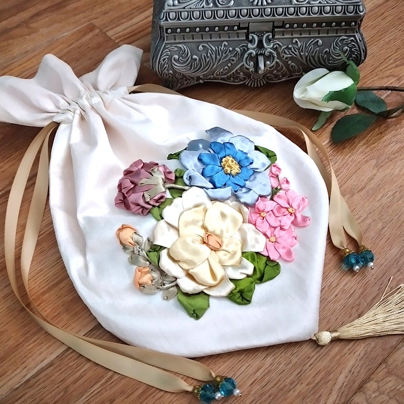 Vintage Handbags, Purses, Bags *New*     Ribbon Embroidered Reticule- Regency Drawstring Purse with Golden Tassel (Blue and Cream Floral)  AT vintagedancer.com