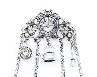 Convertible Tea Time Chatelaine Brooch w/ Dangle Ornaments- Silver Chatelaine, Sewing Chatelaine, Victorian Brooch, Vintage Jewelry