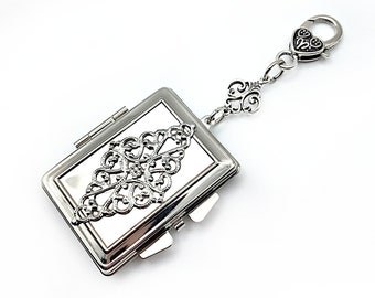 Silver Book Shaped Compact Mirror Embellished w/ Silver Filigree- Vintage Compact, Chatelaine Mirror, Handbag Charm, Mirror Pendant