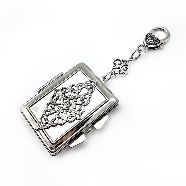 Silver Book Shaped Compact Mirror Embellished w/ Silver Filigree- Vintage Compact, Chatelaine Mirror, Handbag Charm, Mirror Pendant