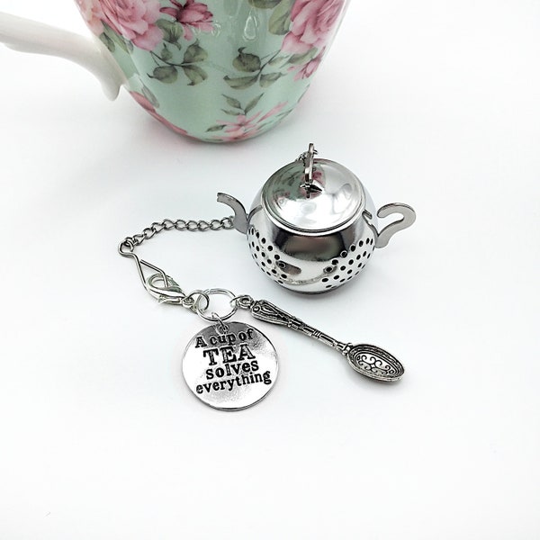 Vintage Teapot Shaped Tea Strainer Loose Tea Ball Infuser w/ Ornate Spoon & Tea Humor Charms- Tea Accessories, Gifts for Tea Lovers