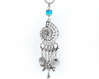 Ocean Themed Set of 5 Stitch Markers on Filigree Nautilus Shaped Holder for Chatelaine or Work Bag- Progress Keepers, Chatelaine Charm