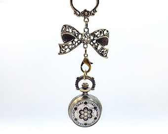 Mini Enameled Bronze Chatelaine Watch w/ Filigree Bow Accent & Removable Chatelaine Chain + Necklace Chain- Pocket Watch Pendant