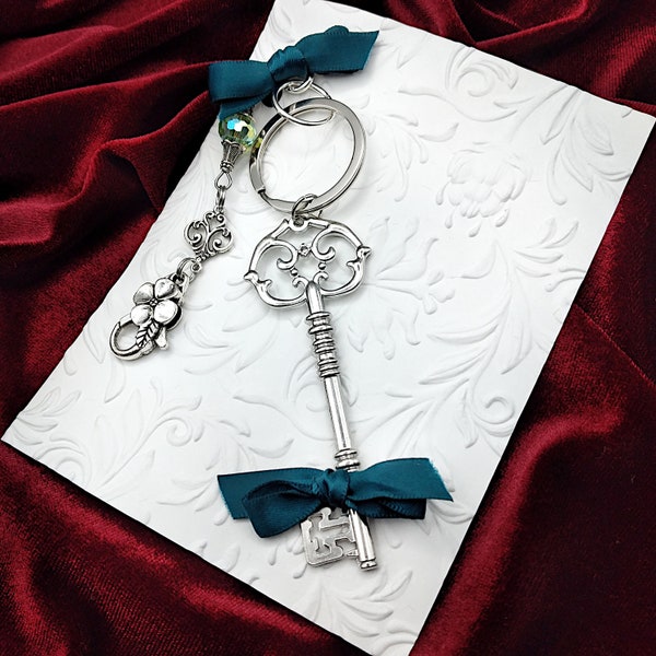 Chatelaine Key Ring w/ Skeleton Key Pendant & Beaded Filigree Chain + Bonus Necklace Chain- Chatelaine Key Holder, Chatelaine Key