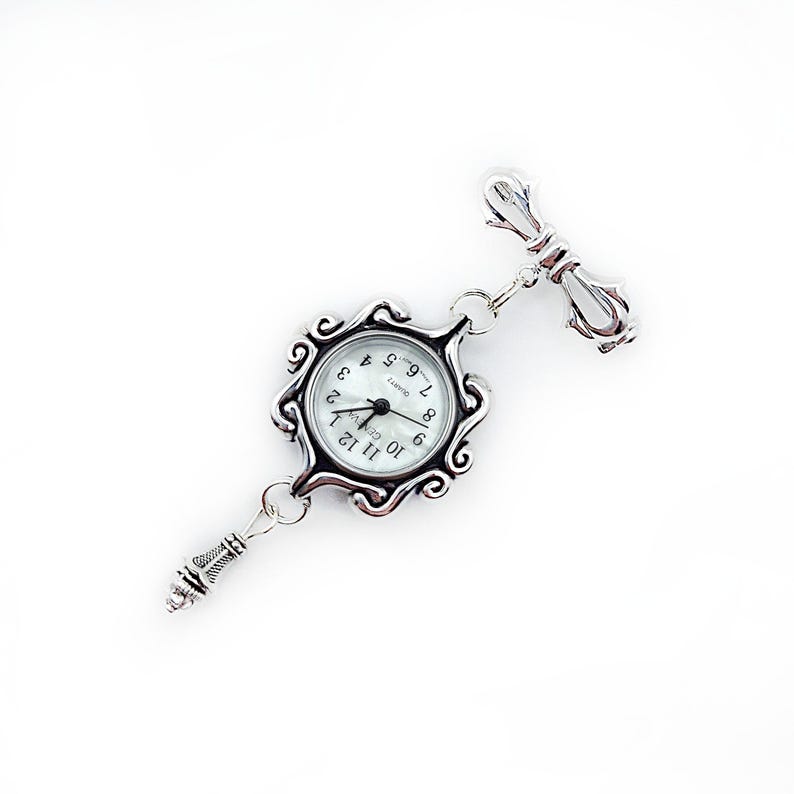 Victorian Style Swirls Fob Watch Brooch w/ Ornate Drop Ornament- Watch Pin, Bow Brooch Watch, Lapel Watch Pin, Nurse Brooch (Gold or Silver) image 9