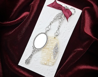 Mini Embossed Silver Handheld Mirror Pendant Charm & Mini Faux Ivory Comb for Chatelaine- Keychain Mirror, Chatelaine Mirror, Handbag Charm