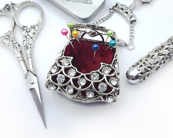 Filigree & Velvet Purse Shaped Pin Cushion w/ Rhinestone Accents for Chatelaine (3 Colors)- Chatelaine Tools, Needle Case, Sewing Tools