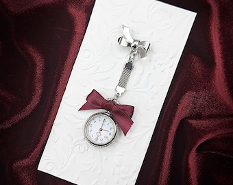 Victorian Style Fob Watch, Bow Brooch w/ Mini Watch + Pouch- Vintage Watch Pin, Bow Brooch Watch, Lapel Watch, Nurse Brooch (Ribbon Style)