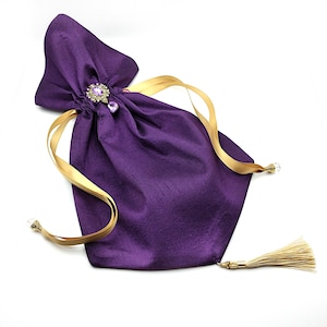 Faux Silk Reticule w/ Brooch, Glass Briolette Beading & Satin Lining - Regency Purse, Victorian Purse, Marie Antoinette Purse