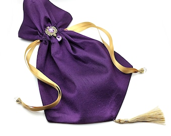 Faux Silk Reticule w/ Brooch, Glass Briolette Beading & Satin Lining - Regency Purse, Victorian Purse, Marie Antoinette Purse