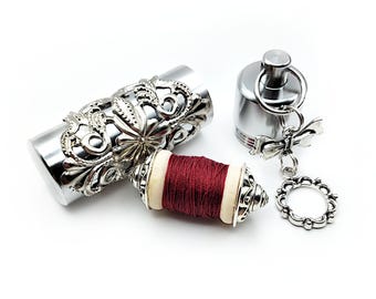 Chatelaine Bobbin Etui Case Thread Holder w/ Filigree Accents & Embellished Spool- Sewing Chatelaine, Sewing Etui, Chatelaine Bobbin Holder