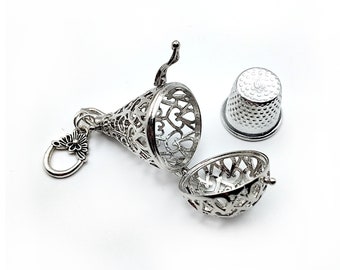 Silver Filigree Teardrop Thimble Cage Pendant with Heart Motifs, for Chatelaine or Necklace- Thimble Holder, Sewing Chatelaine Tools