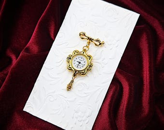 Victorian Style Swirls Fob Watch Brooch w/ Ornate Drop Ornament- Watch Pin, Bow Brooch Watch, Lapel Watch Pin, Nurse Brooch (Gold or Silver)