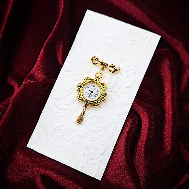 Victorian Style Swirls Fob Watch Brooch w/ Ornate Drop Ornament- Watch Pin, Bow Brooch Watch, Lapel Watch Pin, Nurse Brooch (Gold or Silver) Antique Gold