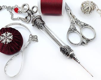 Antique Style Syringe Vial Needle Case for Chatelaine w/ Filigree Accents + Beaded Necklace Chain- Syringe Necklace, Chatelaine Locket