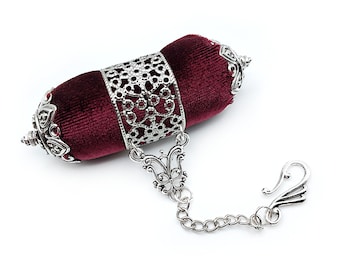 Velvet Double Ended Pincushion Embellished w/ Silver Filigree & Vintage Style Chain for Chatelaine  (Burgundy, Green, Blue, Purple, Teal)