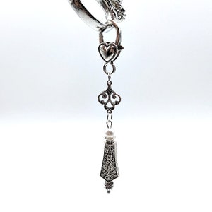 Antique Style Silver Scissors Fob with Faux Pearl & Filigree Accent- Scissors Keeper, Zipper Pull, Zipper Charm, Keychain Fob, Handbag Charm