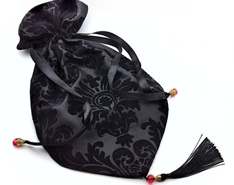 Black Flocked Damask Taffeta Reticule with Tassel- Gothic Purse, Regency Purse, Victorian Purse, Edwardian Purse, Drawstring Purse