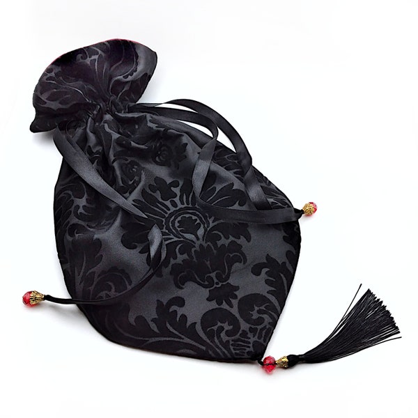 Black Flocked Damask Taffeta Reticule with Tassel- Gothic Purse, Regency Purse, Victorian Purse, Edwardian Purse, Drawstring Purse