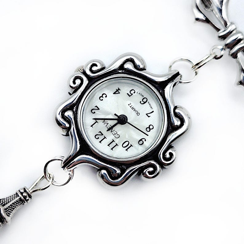 Victorian Style Swirls Fob Watch Brooch w/ Ornate Drop Ornament- Watch Pin, Bow Brooch Watch, Lapel Watch Pin, Nurse Brooch (Gold or Silver) image 12