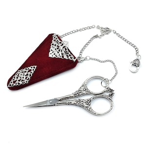 Vintage Embroidery Scissors, with Velvet Flocked & Silver Filigree Holder, for Victorian Sewing Chatelaine