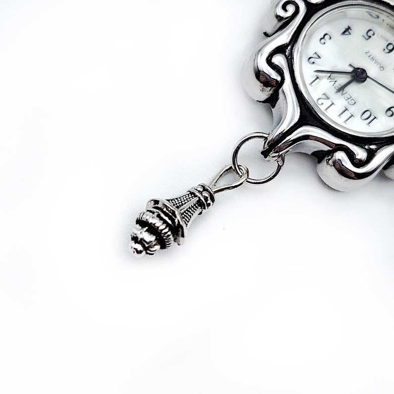 Victorian Style Swirls Fob Watch Brooch w/ Ornate Drop Ornament- Watch Pin, Bow Brooch Watch, Lapel Watch Pin, Nurse Brooch (Gold or Silver) image 13
