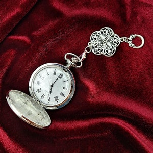 Silver Full Size Chatelaine Pocket Watch w/ Removable Floral Chain + Bonus Fob Chain- Pocket Watch, Victorian Watch, Silver Pocket Watch