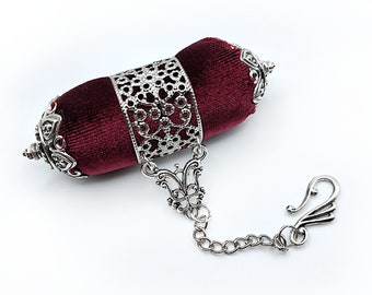 Velvet Double Ended Pincushion Embellished w/ Silver Filigree & Vintage Style Chain for Chatelaine  (Burgundy, Green, Blue, Purple, Teal)