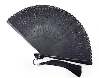 Exquisitely Carved Brise' Style Folding Hand Fan + Chatelaine Fob w/ Rhinestone Accents- Victorian Hand Fan, Regency Hand Fan (Rose Motif)