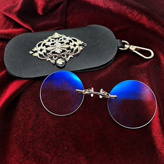 Victorian Style Pince-Nez Reading Glasses w/ Silver Filigree Accented PU Leather Case for Chatelaine- Vintage Spectacles, Victorian Glasses