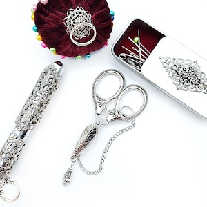 Ornate Mini Chatelaine Scissors w/ Embellished Safety Cover & Chain- Vintage Embroidery Scissors, Victorian Sewing Chatelaine (2 Styles)
