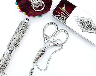 Ornate Mini Chatelaine Scissors w/ Embellished Safety Cover & Chain- Vintage Embroidery Scissors, Victorian Sewing Chatelaine (2 Styles)