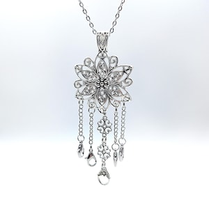 Large Filigree Flower Silver Chatelaine Necklace w/ 5 Accessory Chains- Sewing Chatelaine, Mini Chatelaine