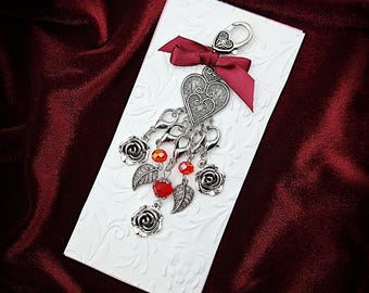 Vintage Roses Themed Set of 5 Stitch Markers on Filigree Heart Shaped Holder for Chatelaine or Work Bag- Progress Keepers, Chatelaine Charm
