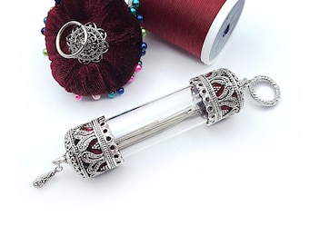 Ornate Glass Needle Case w/ Filigree & Velvet Accents for Chatelaine or Pendant- Sewing Chatelaine, Sewing Needle Case, Chatelaine Locket
