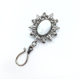 Magnetic Chatelaine Brooch w/Single Large Hook, Embellished with Mother of Pearl or Glass Floral Cabochon (Silver or Bronze)- Knitting Pin