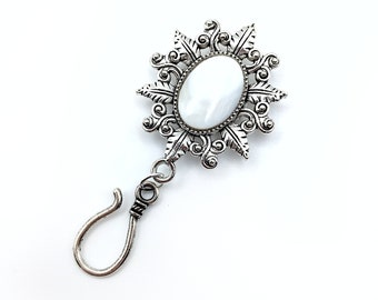 Magnetic Chatelaine Brooch w/Single Large Hook, Embellished with Mother of Pearl or Glass Floral Cabochon (Silver or Bronze)- Knitting Pin