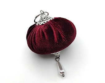 Velvet Pincushion, with Silver Filigree & Pearl Drop Accents, for Chatelaine or Necklace- Sewing Chatelaine Tools (5 Colors)