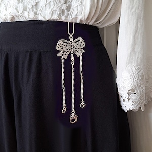 Filigree Bow Chatelaine w/ Three Accessory Chains & Metal Bead Accent- Victorian Chatelaine, Silver Chatelaine, Waist Chatelaine