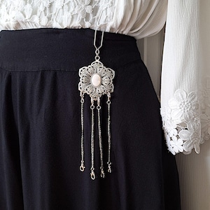 Filigree Flower Chatelaine w/ Four Accessory Chains & Mother of Pearl Cabochon- Victorian Chatelaine, Silver Chatelaine, Waist Chatelaine