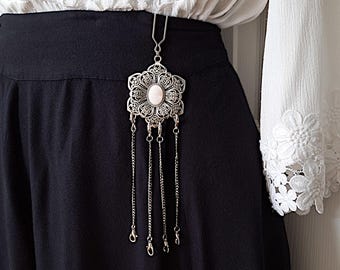 Filigree Flower Chatelaine w/ Four Accessory Chains & Mother of Pearl Cabochon- Victorian Chatelaine, Silver Chatelaine, Waist Chatelaine
