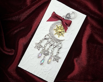 Celestial Themed Set of 5 Stitch Markers on Filigree Crescent Moon Holder for Chatelaine or Work Bag- Progress Keepers, Chatelaine Charm