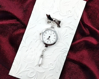 Victorian Style Fob Watch Brooch with Faux Pearl Drop Ornament- Vintage Watch Pin, Bow Brooch Watch, Lapel Watch Pin, Nurse Brooch