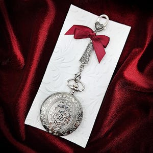 Full Size Floral Embossed Chatelaine Pocket Watch w/ Chatelaine Chain, Necklace Chain & Storage Pouch- Chatelaine Watch, Silver Pocket Watch