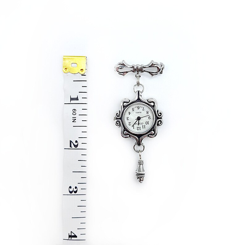 Victorian Style Swirls Fob Watch Brooch w/ Ornate Drop Ornament- Watch Pin, Bow Brooch Watch, Lapel Watch Pin, Nurse Brooch (Gold or Silver) image 14