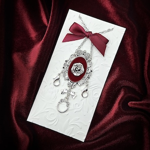 Ornate Crown & Rose Chatelaine Necklace w/ Velvet Flocking and Bow Charm Accents- Sewing Chatelaine, Mini Chatelaine (2 Colors)