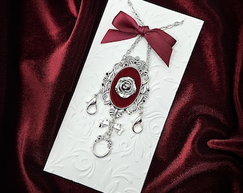 Ornate Crown & Rose Chatelaine Necklace w/ Velvet Flocking and Bow Charm Accents- Sewing Chatelaine, Mini Chatelaine (2 Colors)