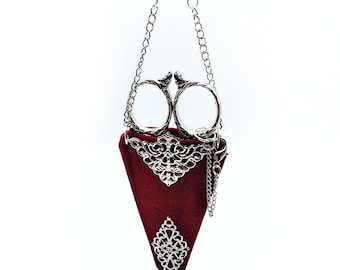 Vintage Embroidery Scissors, with Velvet Flocked & Silver Filigree Holder, for Victorian Sewing Chatelaine