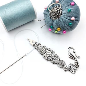 Silver Filigree Embellished Needle Threader with Hook for Chatelaine- Hand Sewing, Yarn Threader, Seamstress Gift, Sewing Chatelaine Tools