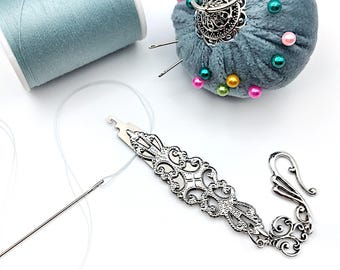 Silver Filigree Embellished Needle Threader with Hook for Chatelaine- Hand Sewing, Yarn Threader, Seamstress Gift, Sewing Chatelaine Tools